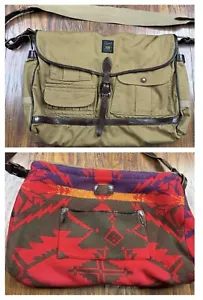 Polo Ralph Lauren Messenger Bag Canvas And Leather Aztec Fleece Lining Vintage - Picture 1 of 19