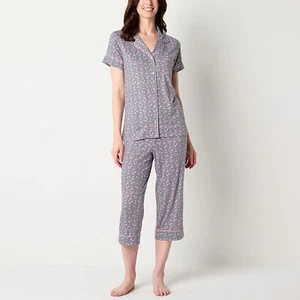 Jaclyn new york Womens 2-pc. V-Neck Short Sleeve Capri Pajama Set sz s grey dot - Picture 1 of 1