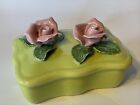 Vintage Hal Burress Pottery Trinket Box Lime Green Pink Roses 