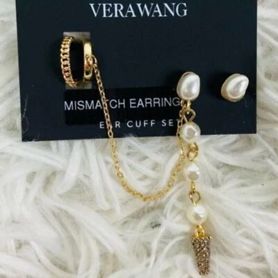 Pendientes VERA WANG Rocker Chic Oro Blanco Perla y Cristal Transparente Pico Desajuste Foto 1 de 4