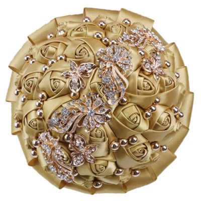 Venta Caliente Ramos de Dama de honor Novia Rojo Estrás Oro Perla Cinta Rosa Foto 1 de 4