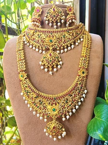 Ethic Indian Bollywood Bridal Choker & Necklace Wedding Gold Plated Jewelry Sets - Picture 1 of 10
