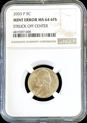 2003 P US JEFFERSON NICKEL 5% STRUCK OFF CENTER MINT ERROR COIN NGC MS 64 FS - Image 1 of 2