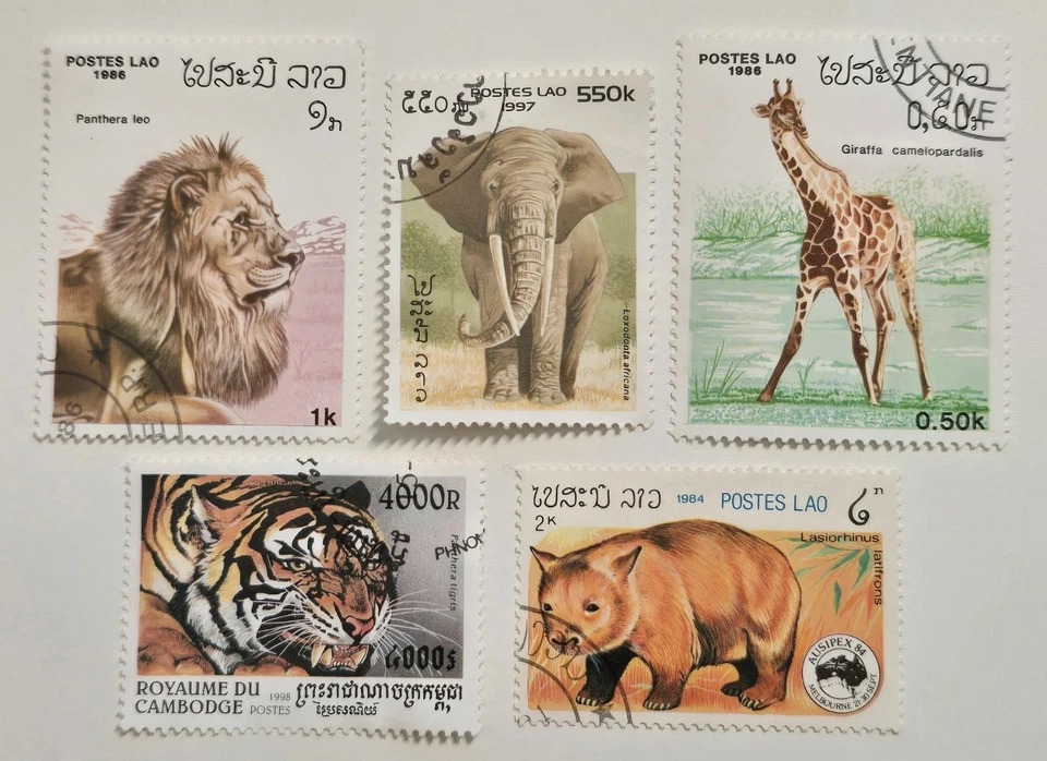 Sellos de vida silvestre Laos Camboya x5 león tigre elefante jirafa wombat usados - B11 Foto 1 de 1