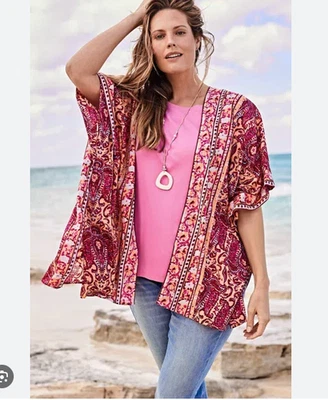 J. Jill Painterly Paisley Ruana In Apricot Multi Boho Duster Cardigan Sz S-L - Image 1 of 4