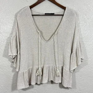 Maven West Linen Top Small Tassel Peplum Crop Natural Artisan Scandi Lagenlook - Picture 1 of 12