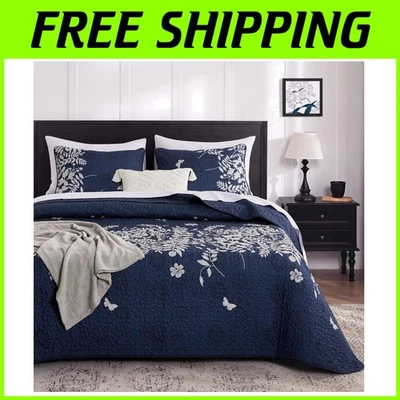 优雅花卉被子套装,特大号,海军蓝灰色 — 第 1/4 张图片