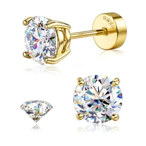 GEMQUEEN Orecchini Moissanite Placcato Oro 14K Argento Sterling 925 Fondo Piatto Ea... - Foto 1 di 7