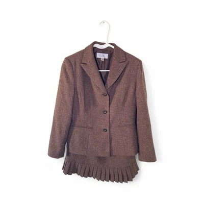 Le Suit Falda Traje Blazer Pequeño Mujer Talla 10P Marrón Plisado Espiga Oficina Foto 1 de 4