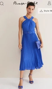 Azure Blue Pleated Halter Neck Midi Dress with Belt - Phase Eight - Picture 1 of 8