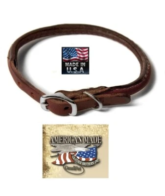 USA MADE ROLLED LATIGO BROWN LEATHER & NICKEL 12" DOG COLLAR ROUND Heavy Duty SM - Image 1 of 4