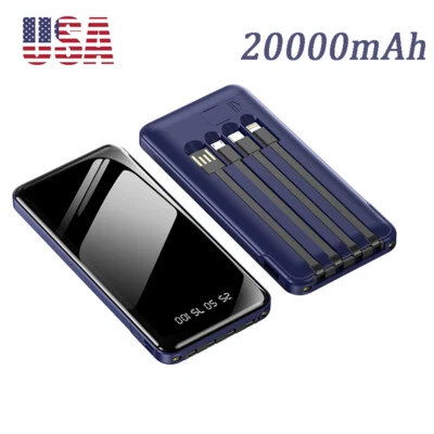 20000mAh Portable Power Bank Fast Charging Battery with 4 Built in Cables Blue - Image 1 of 4