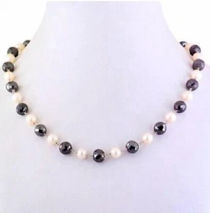 Necklace Black Diamond & Fresh Pearl 6 mm Round 925 Silver Clasp Bead Rosary AAA - Picture 1 of 3