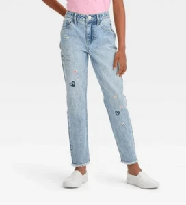 Girls' High-Rise Embroidered Ankle Straight Jeans - Cat & Jack Blue size 16 - Picture 1 of 9