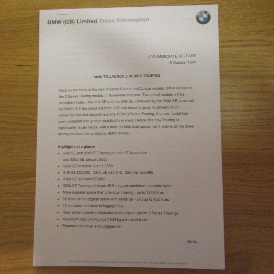 Bmw 3 Series E46 Touring Estate 318i 328i 320d 330d Press Release Brochura 1999 - Imagem 1 de 1