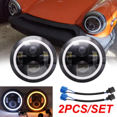 2pcs 7 Inch Round LED Headlight Halo Angle Eyes HI-LO H4 For MG Midget 1969-1979 - Image 1 of 4
