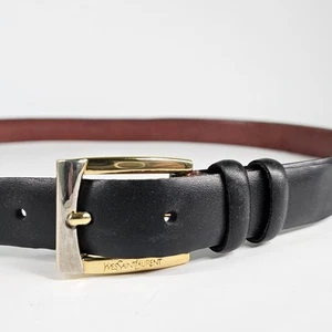 Cintura vintage anni 80 Yves Saint Laurent YSL uomo 40 pelle nera fibbia bicolore USA - Foto 1 di 12