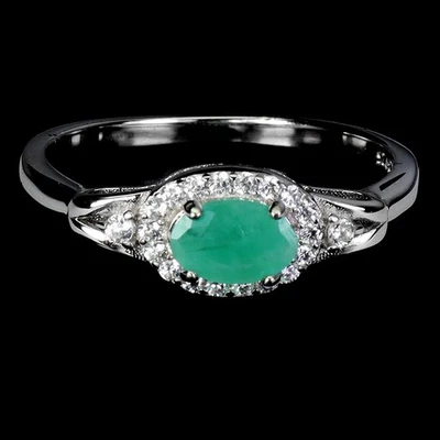925 Sterling Silver Ring Oval Emerald 6x4mm Natural Gemstone Jewelry Size 7 - Image 1 of 4