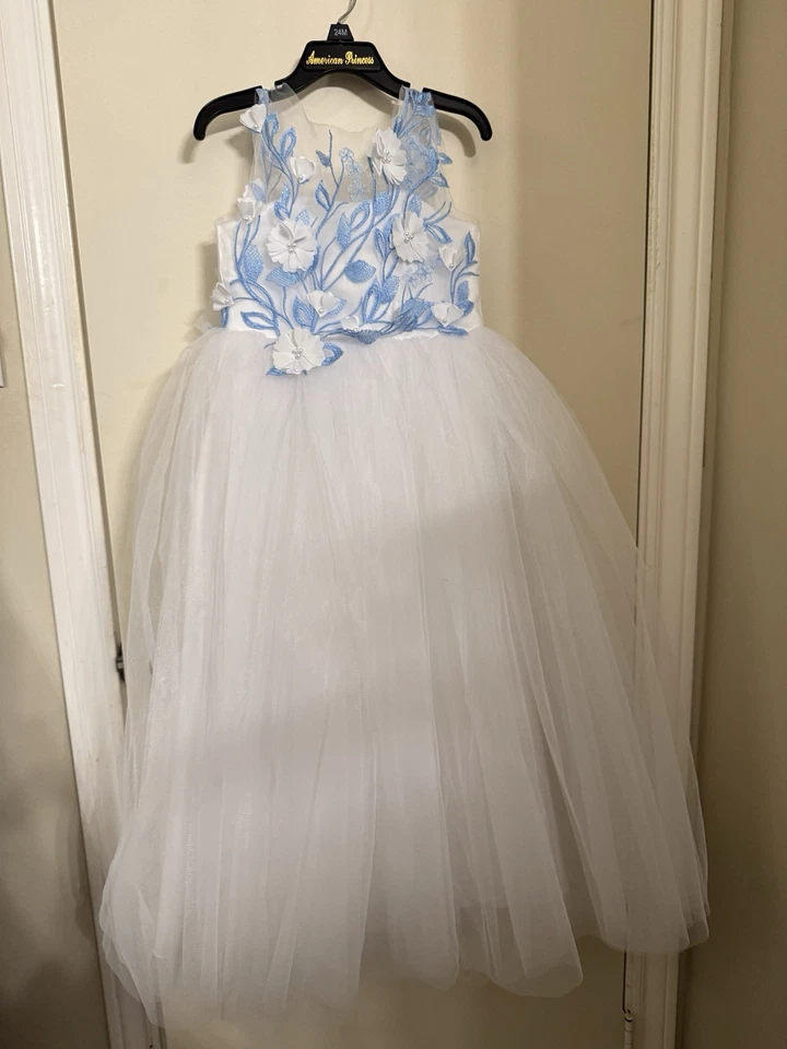 Vestido Niña Flor Azul con Tren, Vestido Niña Azul, Vestido Niña Flor Marfil Foto 1 de 4