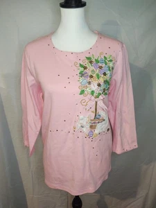 NEW Quacker Factory Sequin Bejeweled Easter Top Sz M Pink 3/4 Sleeves - Picture 1 of 9