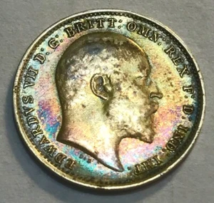 GREAT BRITAIN - Edward VII - Threepence - 1909 - Rainbow Toned Silver Coin - BU - Picture 1 of 2