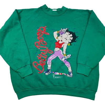 Vintage Betty Boop Sweatshirt Women Large Green Crew Neck Sweater 90s USA Gym - Image 1 of 4