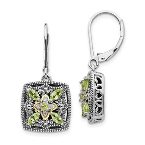 Sterling Silver Antiqued Diamond and Marquise Peridot Leverback Earrings - Picture 1 of 7