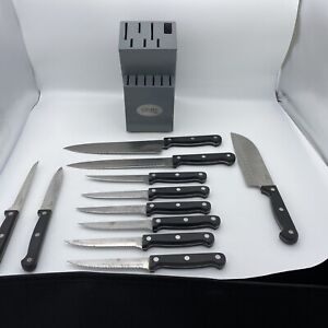 GINSU Black Handle Knife Set of 11 Knives With Wooden Block Not Complete See Pic
