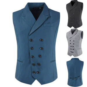 Men's Suits Vests Vintage Peak Lapel Double Breasted Wedding Groom Waistcoats - Picture 1 of 10