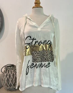Camicia donna con cappuccio Made in Italy grande bianca stringa donna grafica manica lunga - Foto 1 di 4