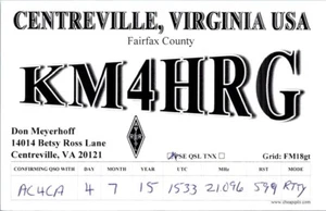 HAM RADIO CQ QSL QSO POSTCARD KM4HRG CENTREVILLE VIRGINIA USA 2015 - Picture 1 of 1