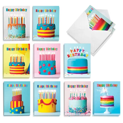20 пустых открыток на день рождения Asst'd 4x5,12 дюйма с конвертом (10 дизайнов) смелые яркие торты - Изображение 1 из 4