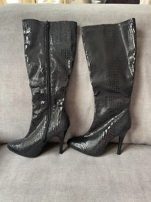 White House Black Market Women Knee High Boots Faux Snakeskin Black - Image 1 of 4
