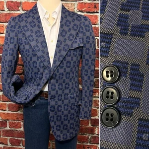 HISPACOR VINTAGE BLAZER SIZE 40L SPORT COAT BLUE GEOMETRIC 1970s LONG FIT JACKET - Picture 1 of 11