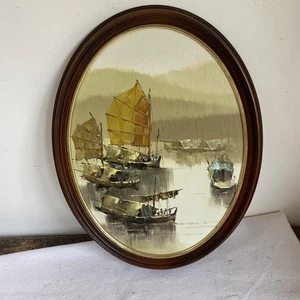 Dipinto olio su tavola orientale vintage di barche/giunchi? Opera originale - Foto 1 di 5
