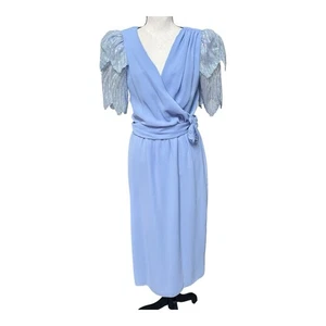 VTG 80s Blue Evening Gown Sequin Statement Sleeves Wrap Waist Dress Fairy Core - Picture 1 of 10