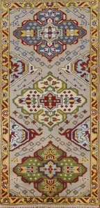 Geometric Beige Wool Indian Kazak Oriental Rug Hand-knotted Foyer Carpet 3x6 - Picture 1 of 18