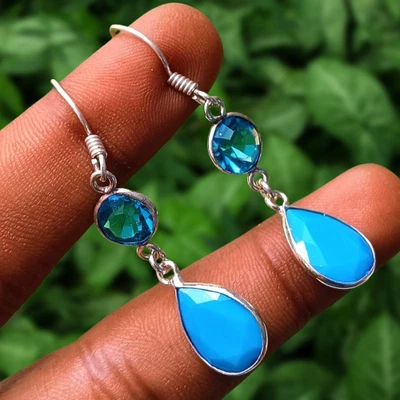 Faceted Topaz Gemstone Dangle Drop Earring 925 Sterling Silver Plated Jewelry - Image 1 of 4