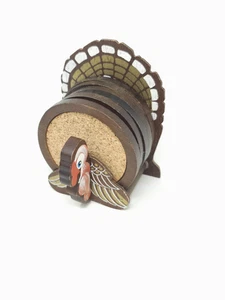 Wood and Cork Coasters in a Turkey Holder Vintage Set of 6 - Picture 1 of 5