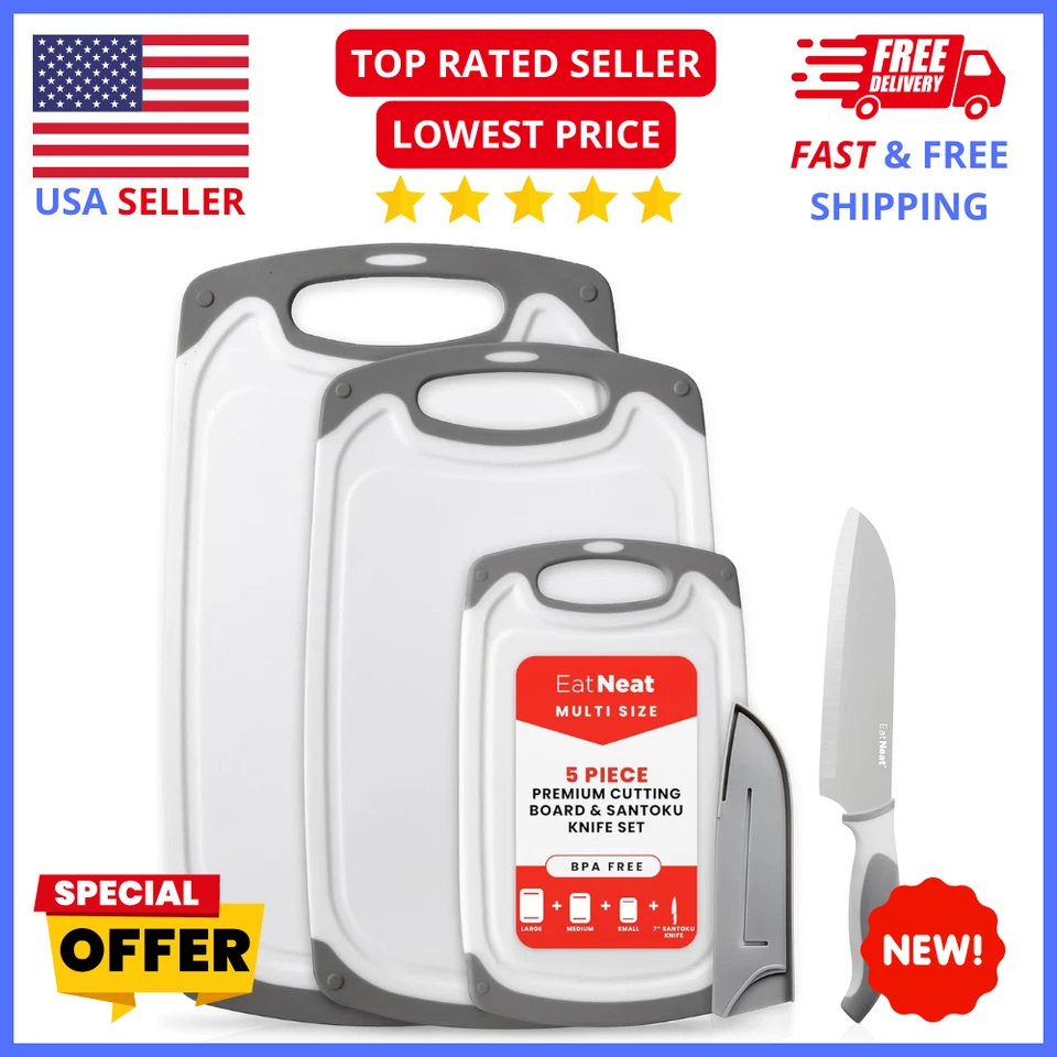 Conjunto de tábuas de corte e facas – 5 peças tábuas + faca de aço inoxidável Santoku 7′′ - Imagem 1 de 1