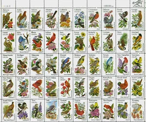 1982 20¢ State Birds and Flowers, Scott #1953-2002, Full Pane of 50, MNH - Picture 1 of 1