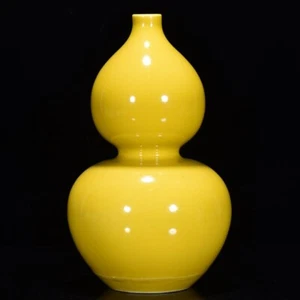 Schöne chinesische Handmalerei gelb glasiertes Porzellan Kalebasse Vase - Bild 1 von 9