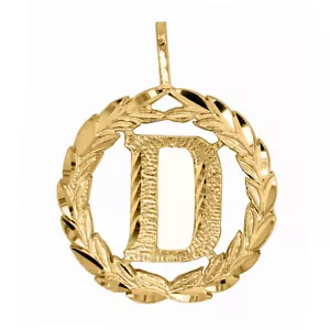 Genuine 14k Yellow Gold 0.78" Wreath Initial Block Letter 'D' Round Pendant - Picture 1 of 5