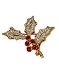 NIB Signed Swarovski Jewelry Pave Gold Plated Christmas Holly Leaf Brooch Pin