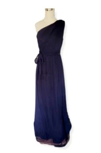 Amsale Dress Navy Blue 100% Silk One Shoulder Rouched Gown Belt Side Zip Size 6 - Picture 1 of 12