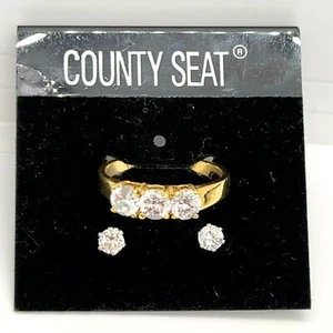 County Seat CZ goldfarben Gr. 10,25 Ring und silberfarbene Ohrringe Set Neu aus altem Lagerbestand - Bild 1 von 12