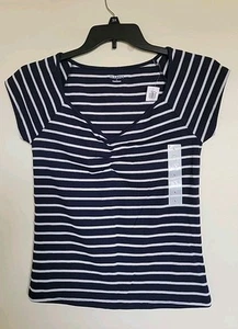 Old Navy Luxe Damen L marine & weiß gestreift V-Ausschnitt Kurzarm Freizeit Top NEU - Bild 1 von 3