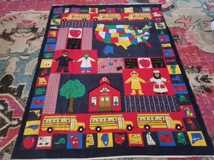 School map vintage sewing panel fabric material piece red children grade school - Picture 1 of 2