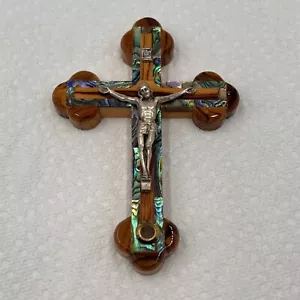 Vintage Cross Crucifix Seashell Olive Wood Hand Made Holly Land Jerusalem 5" - Picture 1 of 12