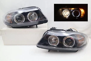 FOR BMW E90 E91 05-08 BLACK LED ANGEL EYE PRJECTOR HEADLIGHTS RHD - Picture 1 of 12